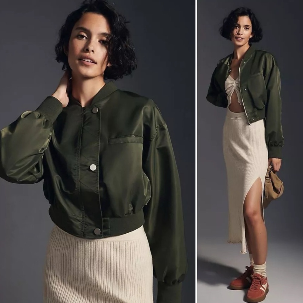 Anthropologie Pilcro Cropped Bomber Jacket‎ XXS olive green pockets zip snap